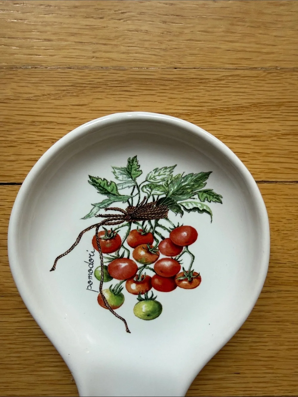 White Ceramic Spoon Rest with Red and Green Tomato Motif
